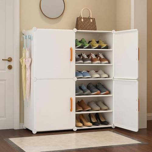 Image of YASONIC Premium Modular Plastic Shoe Rack for Home with Door | 12-Tier Stackable Shoe Organizer | Waterproof & Dustproof | Space Saving Storage for Home, Bedroom & Entryway [White HK2, 12-Shelf-4-Door