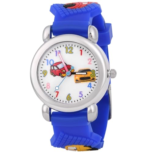 OFFCUP Kinderuhr, Kinder Uhren Analog, 3D Cartoon Lernuhr Quarzwerk, Silikon Uhrenarmband, 3 Jahre bis 11 Jahre, Armbanduhr Mädchen Junge Kinder analoge Quarzuhr -Blaues Auto