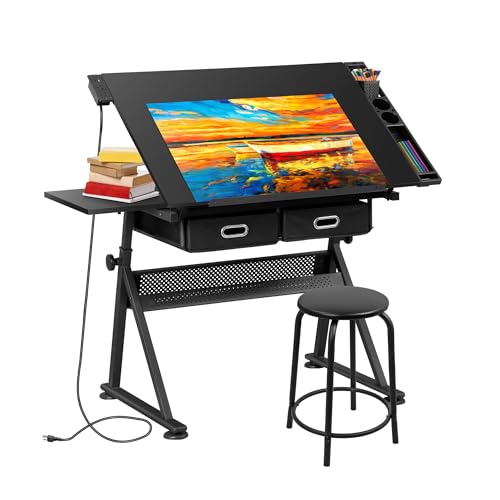 SUPER DEAL Adjustable Drafting Table Set with Charging Station, Tilting Drawing Desk Artist Desk with Stool Multifunctional Art Craft Workstation with 2 Storage Drawers for Home Office School