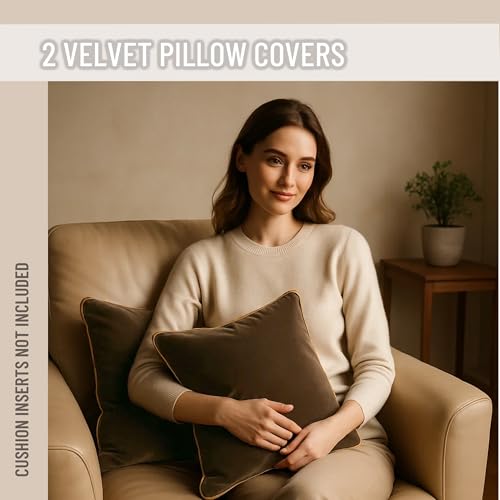 Blau Marité 2 Pack Velvet Decorative Throw Pillow Covers, 20"x20", Brown and Camel, Solid, Modern, Contrast Piping, Indoor Use, Bedroom & Living Room by Blau Marité - Image 3