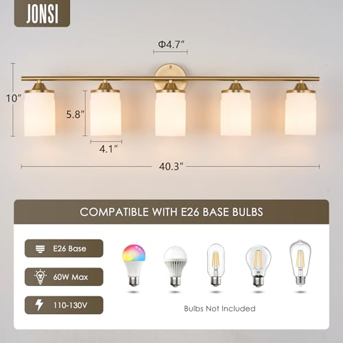 Image of Jonsi Gold Bathroom Light Fixtures 5-Light Vanity Lights Modern Wall Sconce with Milk White Shade Brushed Brass Bathroom Light Fixture Over Mirror for Bedroom Hallway Kitchen