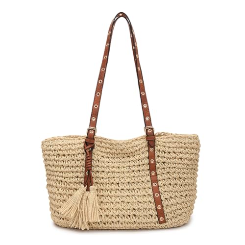 Women Straw Woven Bag Fashion Shoulder Bag Large Capacity Straw Tote Bag Adjustable Strap Stylish Handbag Vacation B