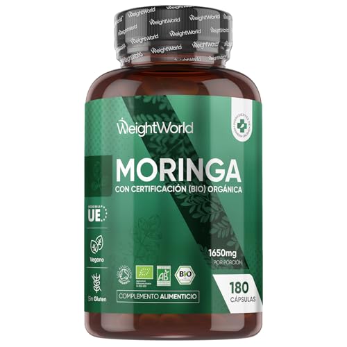 Moringa Oleifera Orgánica Pura 1650mg, 180 Cápsulas Veganas - Superalimento para 2 Meses De Suministro, Sin OGM, Sin Lactosa y Sin Aditivos