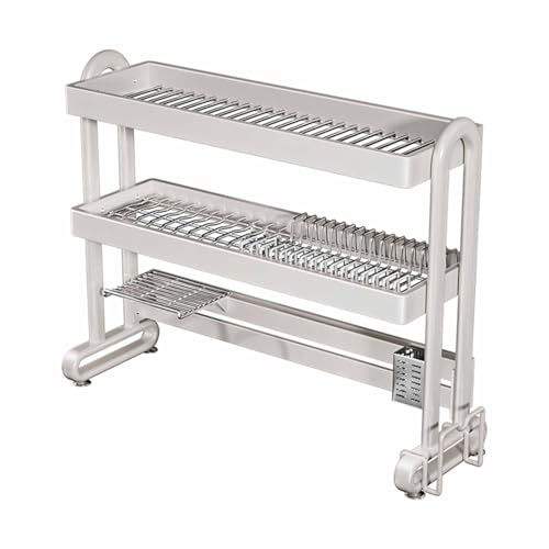 Escurridor de platos de acero inoxidable de 2 niveles, escurridor de metal grande con soporte para cuchillos y cesta de cubiertos, organizador de cocina que ahorra espacio (blanco, 62 x 32 x 80 cm)