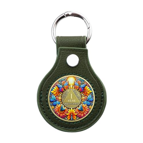 Premium Leather Coin Holder - Handmade Sobriety AA Coins Chip Keychain - Displays Both Sides of Sober Token Medallion Pet Challenge Coin - Green Waterproof Scratchproof Soft PVC Key Ring