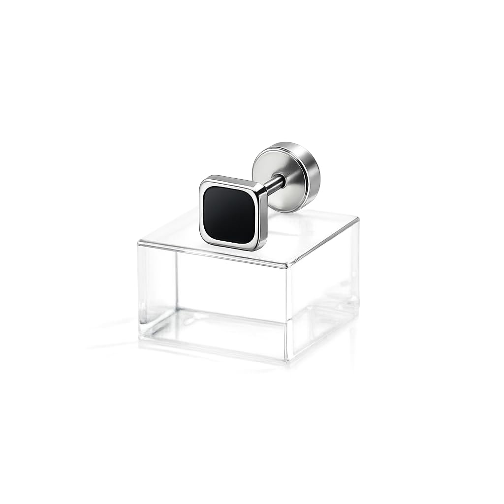 Black Square Stud Earring for Men & Boys | Silver Tone Stainless Steel Look | Minimal Korean Style Ear Stud | Screw Back Fashion Jewellery | Single Piece-image-17