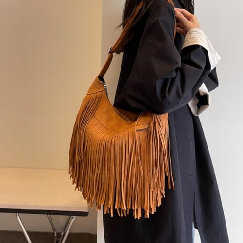Image of Women Vintage Suede Fringe Hobo Bag Tote Shoulder Bag Crossbody Bag and Hippie Western Cowgirl Purse Shoulder Bag