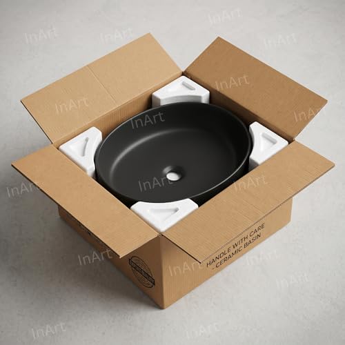 Image of InArt Ceramic Tabletop Wash Basin | Oval Above Counter Art Basin for Bathroom and Dining Area | Size: 22 x 16.5 x 5.5 Inches - Black (Matte Finish)