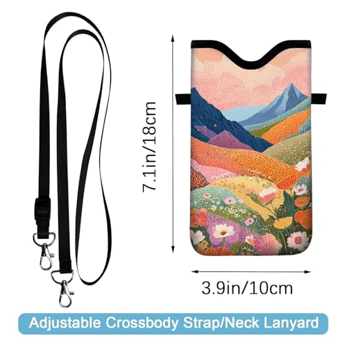 Image of Neoprene Cell Phone Sleeve Pouch Case Bag with Crossbody Strap Neck Lanyard for Women 7.1 X 3.9 in Colorful Mountains