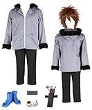 Anime Inuzuka Cosplay kiba Grey Hooded Coat Brown Wig Men's Suit Halloween Costumes (XX-Small)