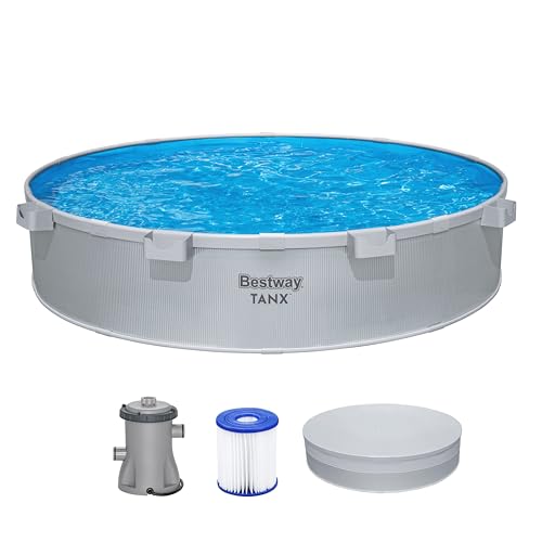 Bestway Tanx Stahlwandpool-Set Ø 305x61 cm, Grau – Runder Gartenpool mit komfortabler Einstiegshöhe, Ganzjährig aufgestellt (kein Abbau), inkl. Filterpumpe