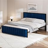 SHUGUANG Cama Tapizada Terciopelo 160x200 con Banco Auxiliar (Plegable), Somier Hierro, Cama Matrimonio con Somier de Láminas, Espacio de Almacenaje, Cama Juveniles, Cama Adultos, Cama Plana, Azul