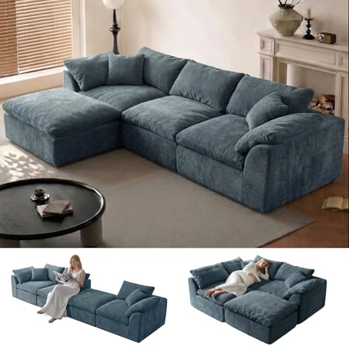 Image of Cloud Couch Sectional for Living Room, Modular L Shaped Boneless Sofa with Chaise, Compressed No Assembly Couch, Deep Seat Chenille Upholstered Convertible Sofa Bed (Blue)