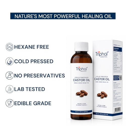 Image of TRIPHAL Cold Pressed Castor Oil 200ml - Edible Grade Pure Arandi /Erand Tel | Hexane and Paraben Free | For Hair Growth, Eyebrows, Eyelashes, Skin Care, Joint Pain and Constipation Relief