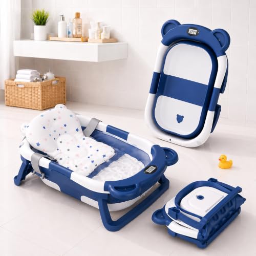 Image of TINSY Foldable Baby Bath Tub with Built-in Water Thermometer & Soft Head Support Pillow | Portable Newborn Bathtub | Anti-Slip Legs | Space-Saving Infant Bath Tub for Babies & Toddlers | Midnight Blue