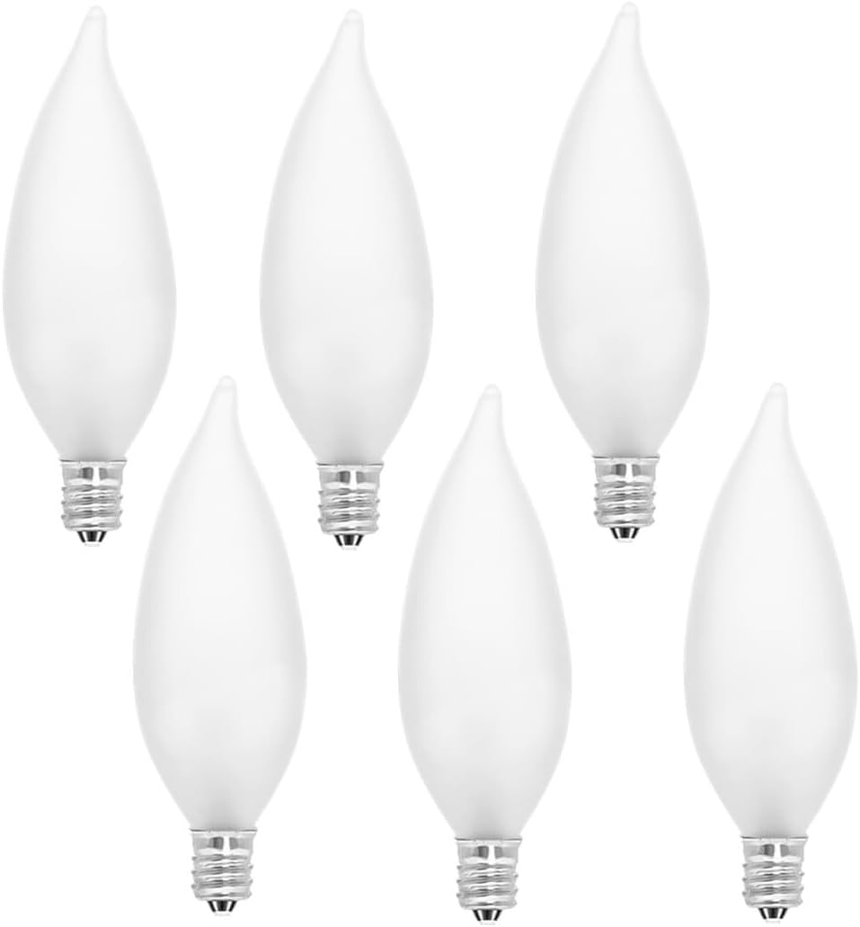 Candelabra Flame Tip Frosted,Frosted Flame Tip Chandelier Light Bulb, CA10 60W E12 Base, Decorative Incandescent Light Bulbs 120V for Chandeliers, Ceiling Fan Lights, Wall Sconces, Dimmable(6PACK)
