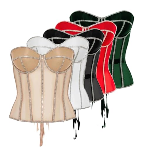 Hdhdeueh Women Luxury Corset Bustier With Cups Rhinestone Bustier Lace Up Steel Bond Transparent Mesh Bodice Red XL steampunk buy now online