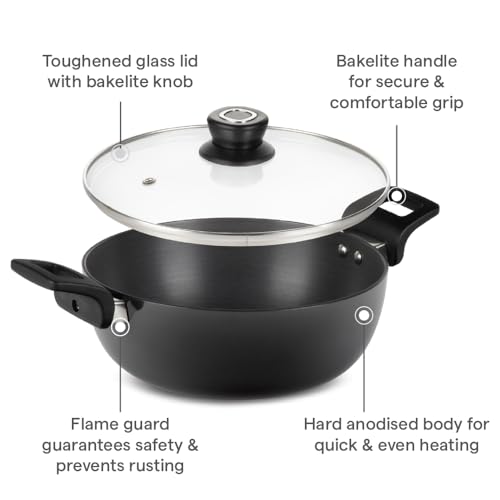 Image of Borosil 4 L (28 cm) Hard Anodized Deep Kadai with Glass Lid | Aluminium Grade 3003 | Glossy Exterior & Matt Interior | Even Heat Distribution | Easy to Clean | 1 Year Warranty