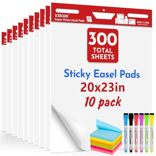 Thickened Sticky Easel Pad, 20 x 23 Inches Large Chart Paper for Teachers, Self Stick Easel Paper for White Board, White Anchor Chart Paper, with Sticky Note, 300 Sheets/10 Pads