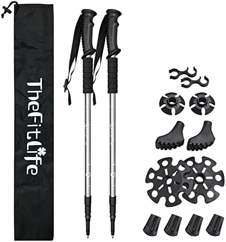 TheFitLife Nordic Walking Trekking Poles - 2 Pack with Antishock and Quick Lock System, Telescopic, Collapsible, Ultralight for Hiking, Camping, Mountaining, Backpacking, Walking, Trekking (Silver)
