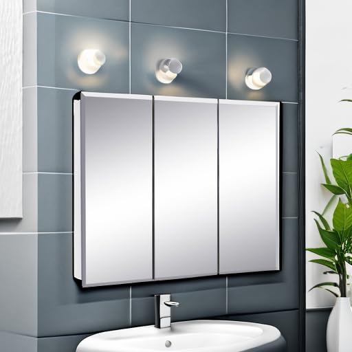 Design House Cyprus 36-in. Wide Medicine Cabinet, 3 Frameless Mirrored Doors, Pre-Assembled, Surface or Recess Mounted, White Clear, 36.3 in. W x 4.4 in. D x 30.1 in. H, 597500