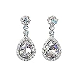 Pendientes colgantes de lágrima de cristal con detalles de diamantes de imitación para mujer, joyería de boda brillante, tachuelas de tono plateado con diseño de gota en forma de pera