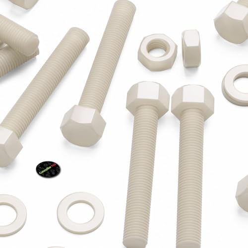 Image of 5X Natural Nylon PA66 Hex Head Plastic Bolts, Nuts & Washers, M16 x 100 mm, Fastener, (5 /8 x 3 15 /16 in)