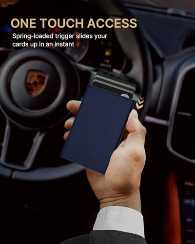 Image of typecase Mens Wallet Card Holder: Pop Up Aluminum Case, Premium Genuine Leather, Smart, RFID Blocking, Slim, Minimalist, Front Pocket - 9-14 Card Capacity | ID Window | Cash Slot (Navy)