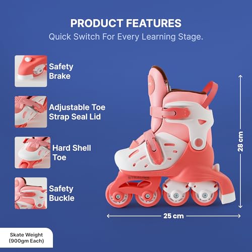 Image of Strauss Convertible (Inline /Roller) Skates | Size S adjustable 17-21.5 cm | LED Light Wheels | Skates for Boys & Girls | No tools required | Detachable Liner for Cleaning | With Brakes | EU 31-34 Size