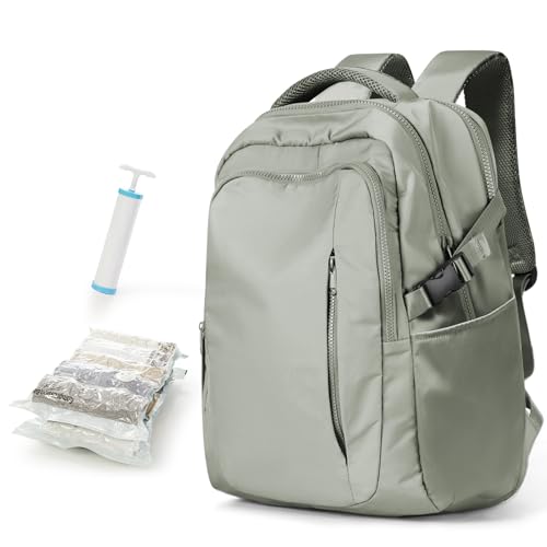 Travel Backpack with 2 Pack Vacuum Bags and Hand Pump, Personal item Backpacks Vacuum Storage Bags for Women Men, Travel Essentials Space Saving Compression Bag for Backpack,Luggage,Suitcase, Green