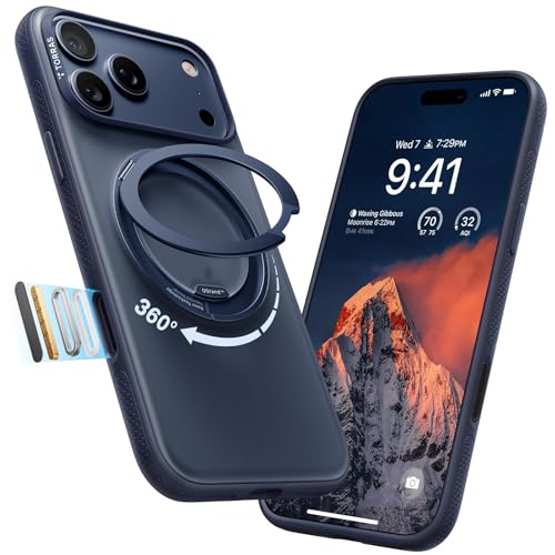 TORRAS 360 Magnetic Stand for iPhone 17 Pro Case, Ostand 3.0 [Fit for MagSafe][4X Mil-Grade Shockproof] Rotatable Kickstand Protective Cover, Camera Control Button, Translucent Deep Blue, O3 Fitness