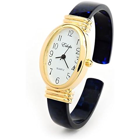 Dark Blue Tortoise Gold Acrylic Band Oval Face Women's Bangle Cuff Watch Cover