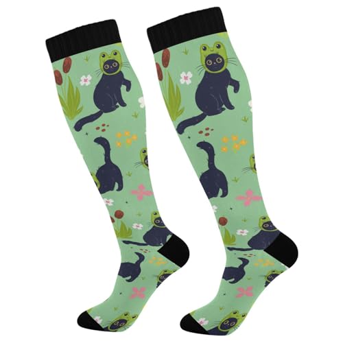 Compression Socks for Men Women Circulation Sport Knee High Socks Support for Athletic Running Hiking Cycling Fitness Travel Nurse Cute Cats Frog Hats Green
