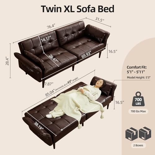 Image of HALLYBEE 85 inch Futon Sofa Bed, Sleeper Sofa, Small Couch with Storage Adjustable Armrests Pillows, Faux Leather Loveseat, Mid Century Modern Couches for Living Room, Bedroom, Apartment, Coffee Brown
