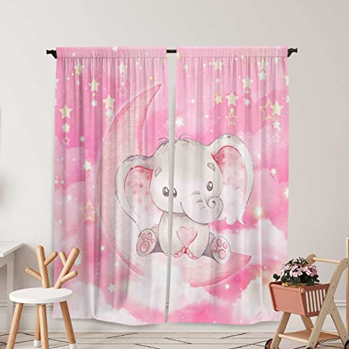 Image of Yilinata Watercolor Elephant Window Curtains Pink Twinkle Star Drapes | Kids Boys Girls Baby Living Room Bedroom Nursery Toddler Home Rod Pocket Drapes Party Decor Durable Fabric 84 in
