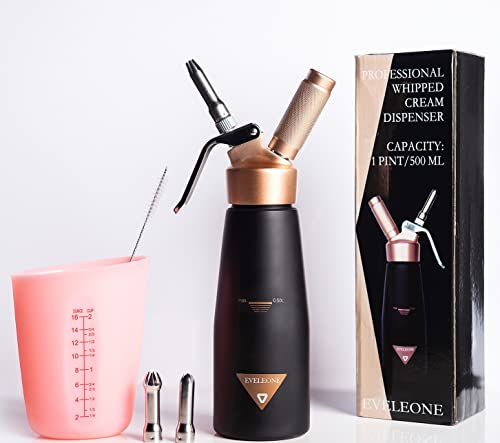 Eveleone Durable Whipped Cream Dispenser with Stainless Steel holder and nozzles – Cream Maker Canister with 500 ml Silicone Measuring Cup and Cleaning Brush – (N2O charger not included)