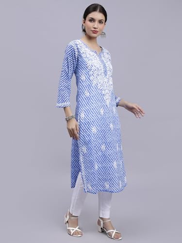 Image of Seva Chikan Hand Embroidered Lucknowi Chikankari Regular Fit Straight Malmal Cotton Kurta Kurti for Women SCL4458
