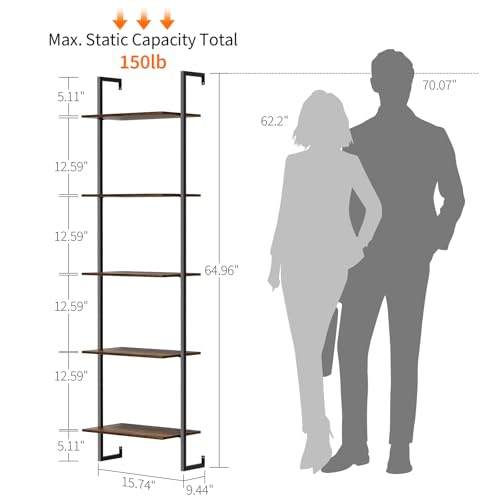 GHIMIGN 5 Tier Wall Mounted Bookshelf, 15.74" D x 9.44" W x 62.99" H, Narrow Ladder Bookcase with Metal Frame for Home Office, Living Room, Study, Industrial, Brown by GHIMIGN - Image 2