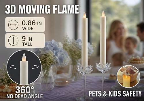 Image of Flameless Taper Candles Flickering with Remote and Timer, 3D Moving Flame Taper Candle Battery Operated to 400 Hours, 9 Inch Window Candles, (White)