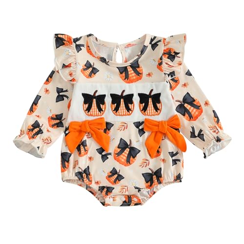 Baby Girl Halloween Outfit Pumpkin/Witch Hat Embroidery Plaid Long Puff Sleeve Smocked Bubble Romper Fall Clothes