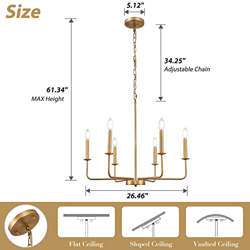 Zhizenl Gold Chandelier, 6-Lights Farmhouse Chandeliers For Dining Room, Adjustable Height Modern Industrial Hanging Candle Pendant Light Fixture For Living Room, Kitchen Island, Entryway, Bar #TOP6