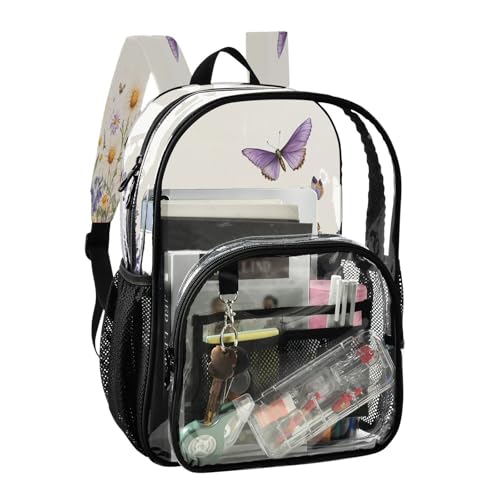 Wildflowers and Butterflies Clear Backpack - Stadium Approved Large 15.7-inch Waterproof Transparent Bag for Sports, Concerts, Work, Travel#2942