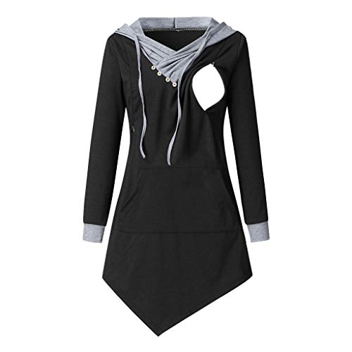 Preisvergleich Produktbild Battnot Damen Umstandsoberteil mit Kapuze Solide Patchwork Unregelmäßiger, Frauen Hoodie Schwangere Stillende Mutterschaft Knopf V-Ausschnitt Tasche Langarm Pullover Bluse Shirts Pregnant Woman Tops