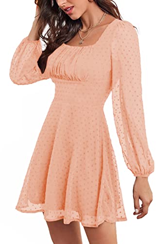 Image of LYANER Women's Polka Dots Square Neck A line Long Sleeve Swiss Dots Mini Dress