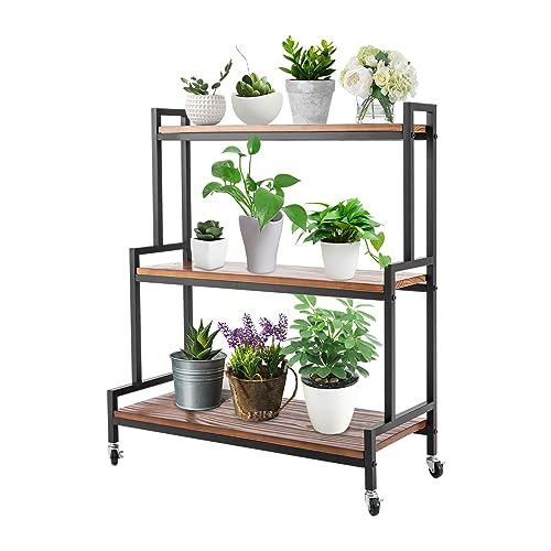 Support à plantes à roulettes en métal et bois massif pour intérieur et extérieur