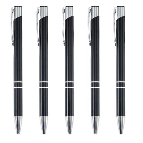 5Pcs Quality Luxury Metal Ballpoint Writing Pens, 1.0mm Smooth Black Gel Ink Business Retractable Ballpoint Pens with Stainless Steel Clip for Teachers Students Colleagues Office Wedding Gift (Black)