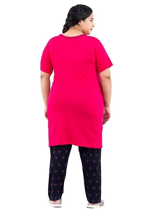 Image of CUPID Women Cotton Round Neck Half Sleeves T-Shirt,Night n Sleep Wear,Daily Use Gym /Lounge Wear Long Tops with Pocket Hot Pink XXL