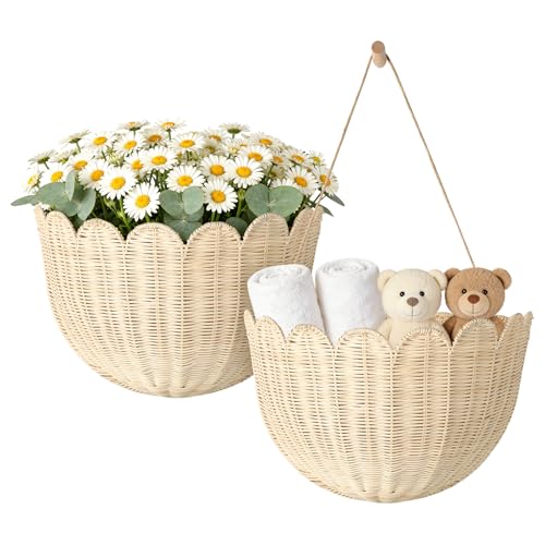 Natural Handwoven Scalloped Wall Basket Set of 2 Premium Rattan Wicker Wall Hanging Organizer for Boho Home Decor Decorative Wall Storage for Bathroom Entryway Living Room & Craft Room