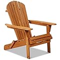 Adirondack Chair Weather Resistant Patio Chairs Folding Outdoor Chair w/Long Arms Solid Wooden Heavy Duty Reclining Fire Pit Chair for Deck, Lawn, Backyard, Garden - Natural