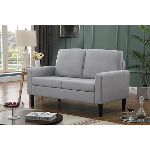 poplarbox Loveseat Sofa, 53" Small Sofa Couch for Small Spaces, Linen Fabric Tufted Modern Loveseat 2 Seater Comfy Couch for Bedroom, Office, Living Room (Light Grey) Cover